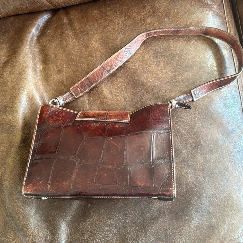 Dooney & Bourke Made in Italy Embossed Croc Leather Shoulder Bag Brown Vintage